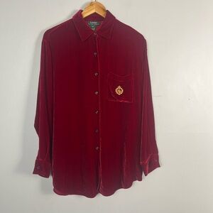Lauren Ralph Lauren red silk blend collared button up velour velvet size M